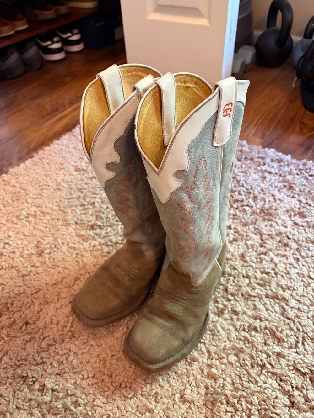Anderson Bean Kids Western Cowboy Boots Tan and Cream with Pink Accent